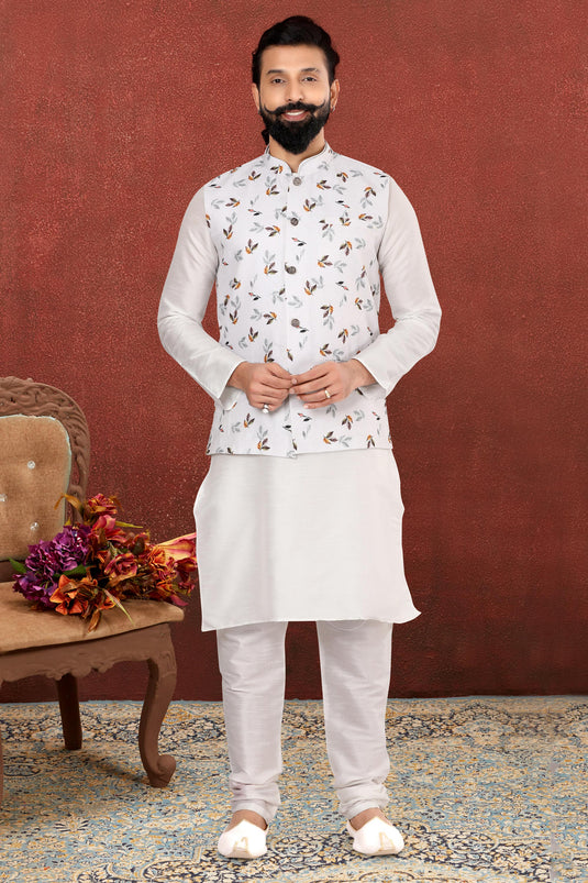 White Dhupion Silk Graceful Readymade Men Kurta Pyjama With Jacket