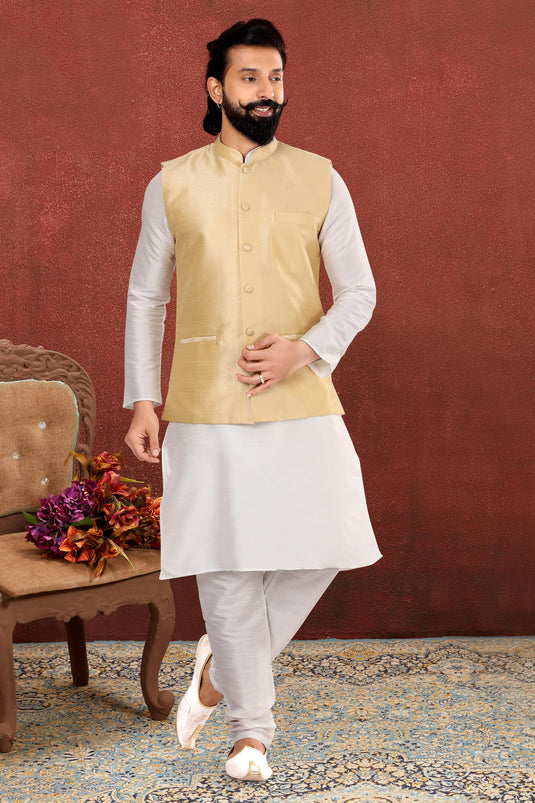 White Dhupion Silk Fabric Festive Wear Readymade Kurta Pyjama For Men With Jacket