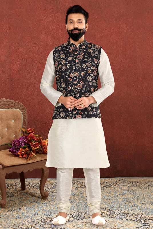 Dhupion Silk Fabric White Color Festive Wear Trendy Readymade Men Kurta Pyjama With Jacket