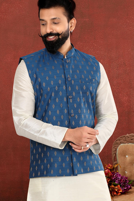 Appealing White Color Dhupion Silk Fabric Function Wear Readymade Kurta Pyjama For Men With Jacket