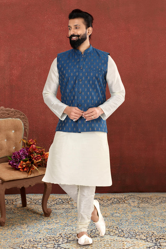 Appealing White Color Dhupion Silk Fabric Function Wear Readymade Kurta Pyjama For Men With Jacket