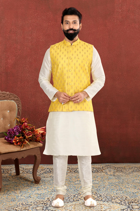 White Color Dhupion Silk Fabric Festive Wear Captivating Readymade Kurta Pyjama For Men With Jacket