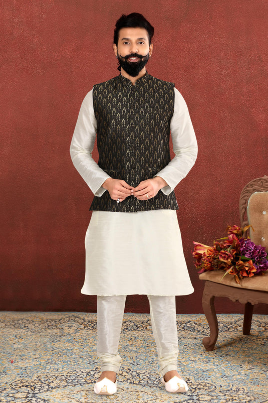 White Color Gorgeous Dhupion Silk Wedding Wear Readymade Kurta Pyjama For Men With Jacket