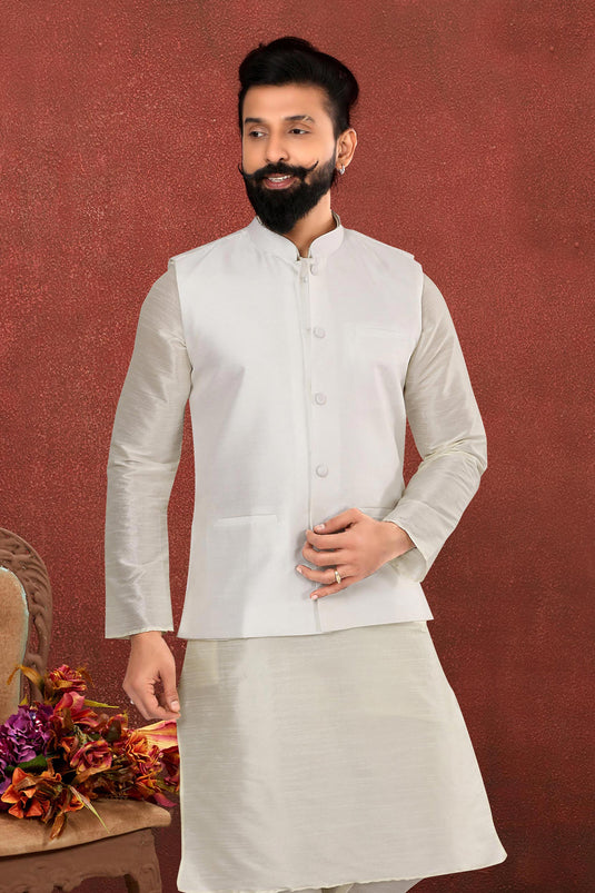 Wedding Wear Dhupion Silk Fabric Designer Readymade Jacket For Men In White Color