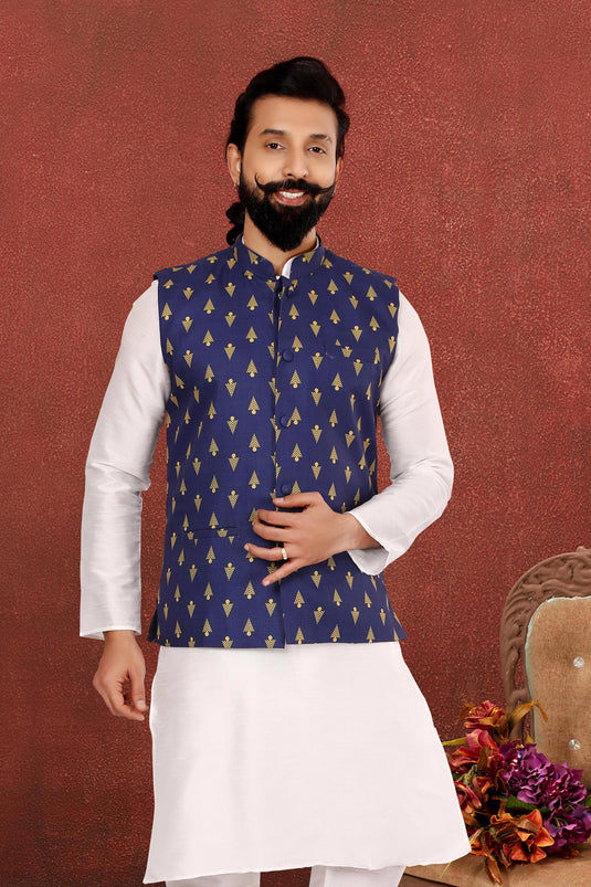 Sangeet Wear Blue Color Readymade Men Jacket In Cotton Fabric