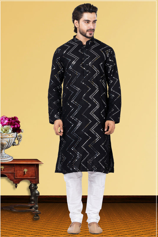 Georgette Fabric Black Readymade Designer Men Kurta Pyjama