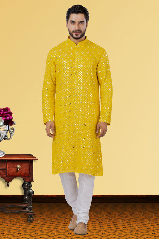 Georgette Fabric Readymade Men Kurta Pyjama In Yellow Color