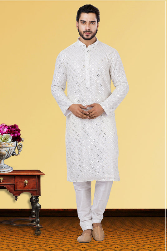 White Georgette Fabric Graceful Readymade Men Kurta Pyjama