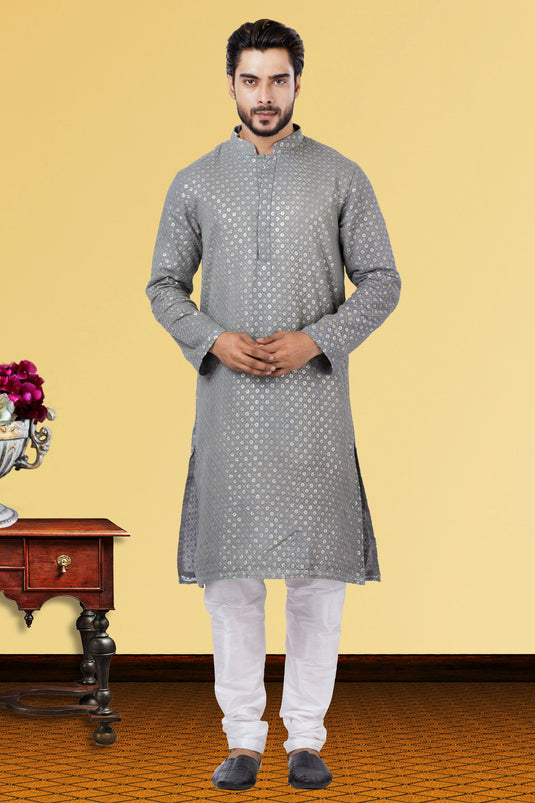 Georgette Fabric Grey Magnificent Readymade Men Kurta Pyjama