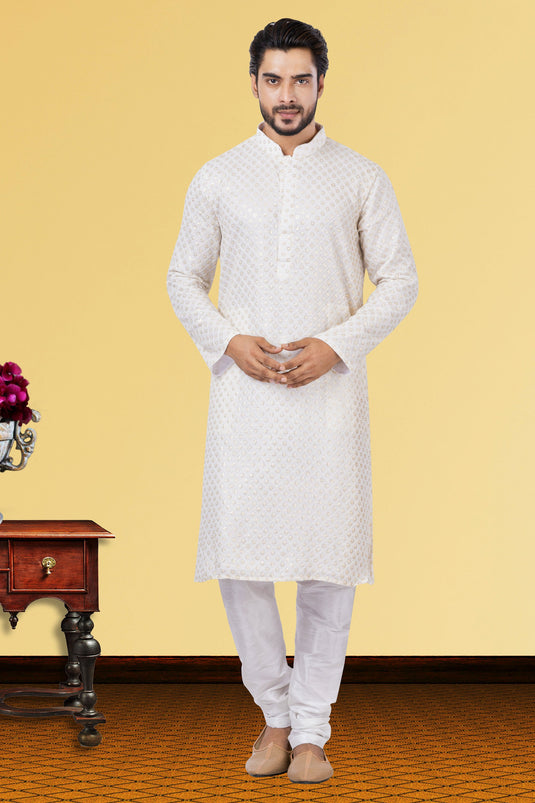 White Artistic Readymade Men Kurta Pyjama