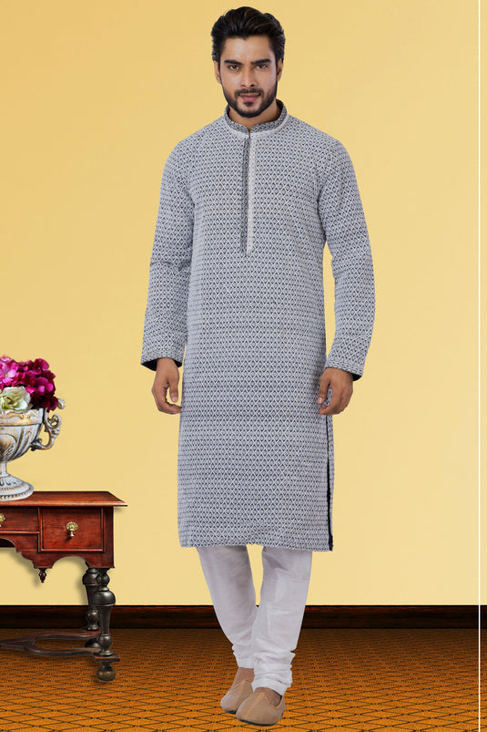 Georgette Fabric Readymade Grey Kurta Pyjama For Men