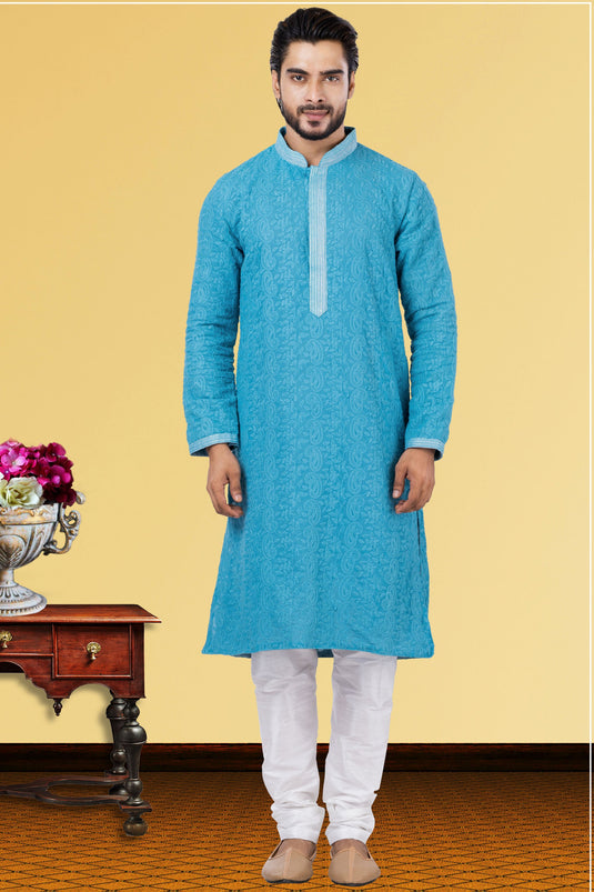 Georgette Fabric Cyan Readymade Kurta Pyjama For Men