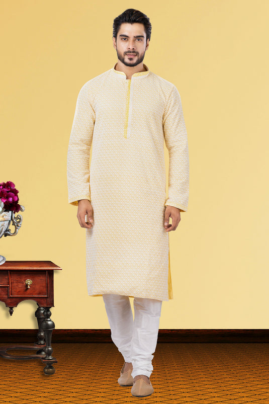 Yellow Georgette Fabric Fancy Readymade Kurta Pyjama For Men