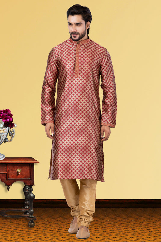 Maroon Jacquard Readymade Kurta Pyjama For Men