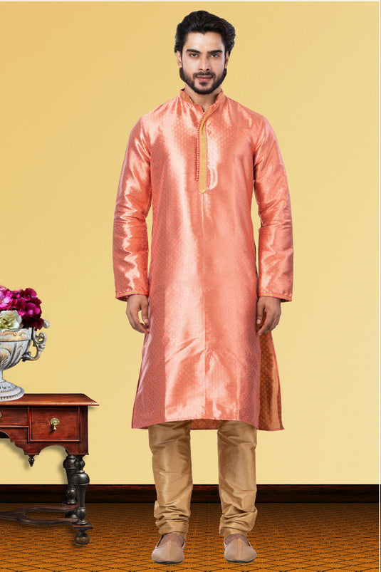 Peach Pretty Readymade Kurta Pyjama For Men In Jacquard Fabric