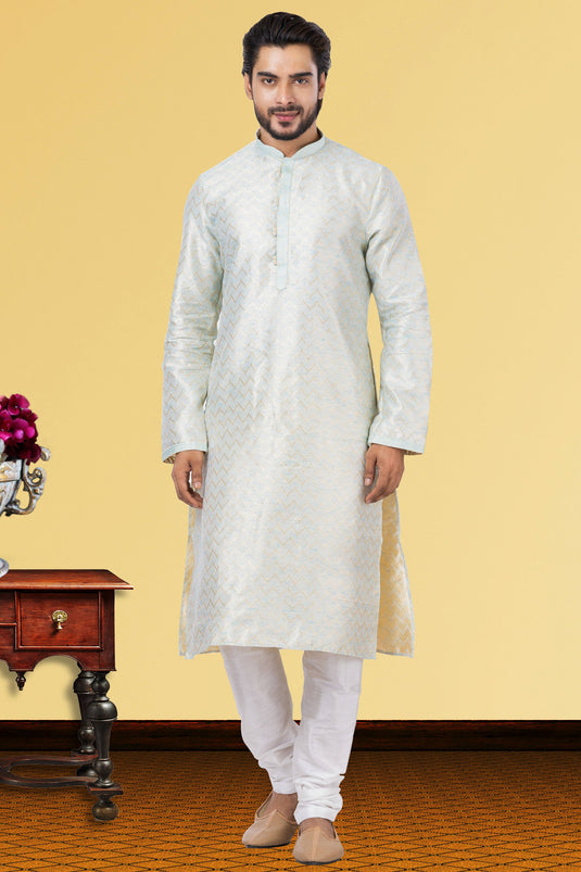 Linen Silk Fabric Attractive Readymade Kurta Pyjama For Men In Light Cyan Color