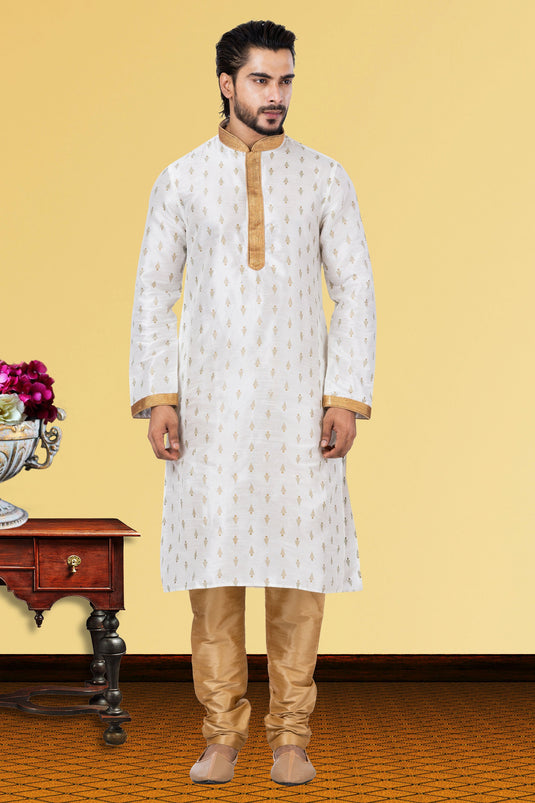 White Function Wear Dhupion Readymade Men Kurta Pyjama