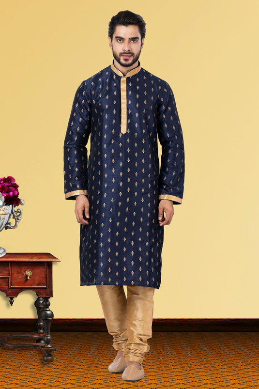 Dhupion Attractive Function Wear Readymade Men Kurta Pyjama In Navy Blue Color