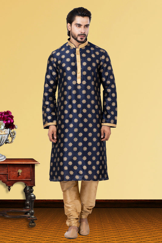 Navy Blue Dhupion Fabric Graceful Readymade Men Kurta Pyjama For Festive Wear