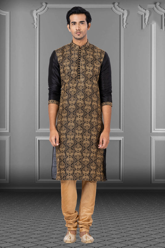 Black Dhupion Fabric Festive Wear Captivating Readymade Kurta Pyjama For Men