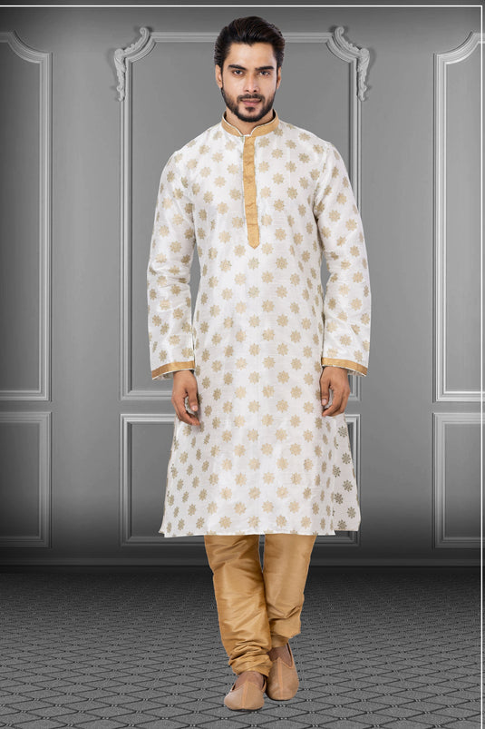 Off White Dhupion Fabric Function Wear Readymade Kurta Pyjama For Men