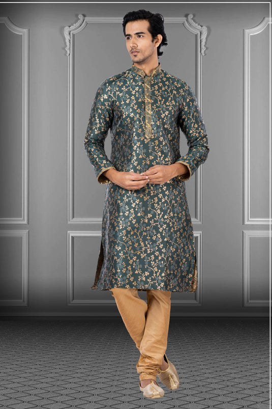 Olive Wedding Wear Readymade Kurta Pyjama For Men In Jacquard Fabric