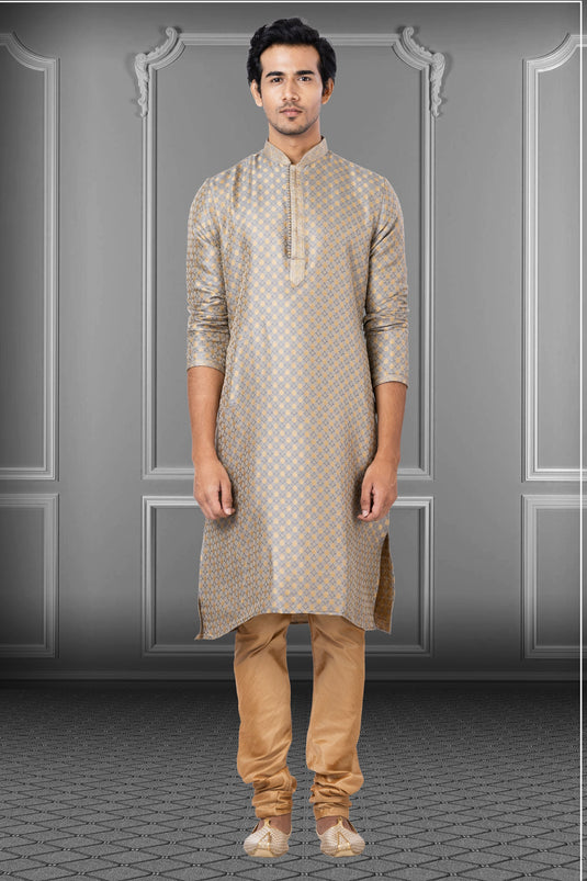 Jacquard Fabric Dark Beige Festive Wear Trendy Readymade Men Kurta Pyjama