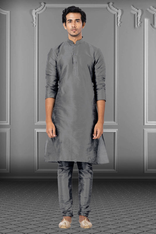 Grey Dhupion Fabric Sangeet Wear Kurta Pyjama For Men