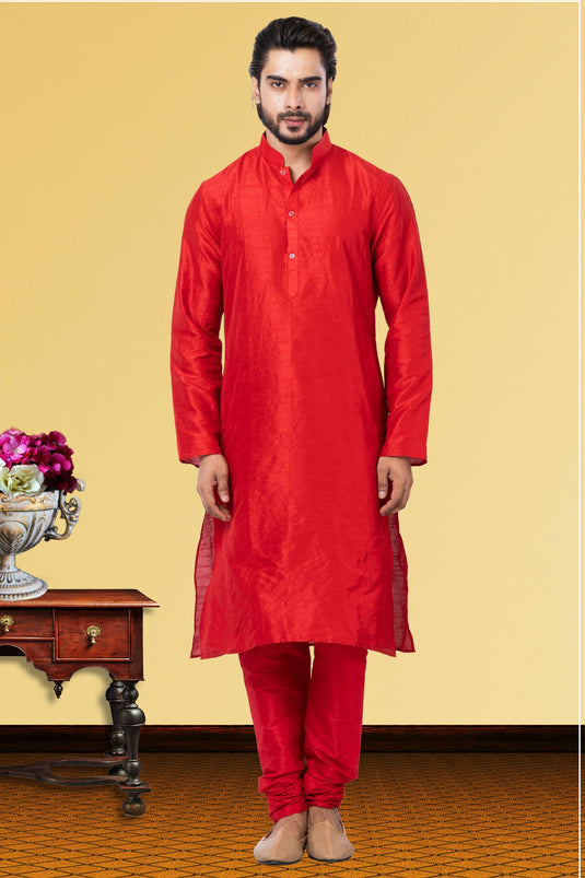 Dhupion Fabric Wedding Wear Kurta Pyjama For Men In Red Color