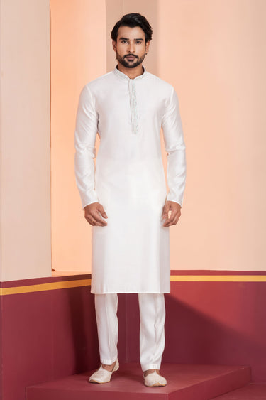 Cotton White Sangeet Wear Readymade Men Stylish Kurta Pyjama