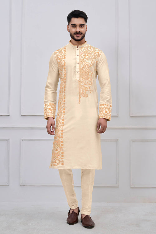 Embroidered Viscose Beige Men Readymade Kurta Pyjama For Festive Wear