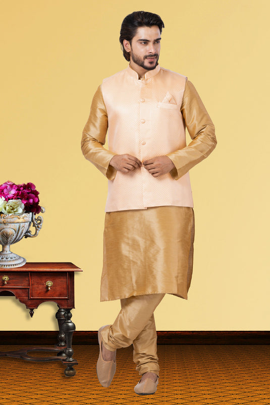 Cream Dhupion Raw Silk Fabric Sangeet Wear Trendy Readymade Kurta Pyjama For Men With Jacket