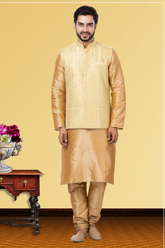 Cream Gorgeous Dhupion Raw Silk Fabric Reception Wear Readymade Kurta Pyjama For Men With Jacket