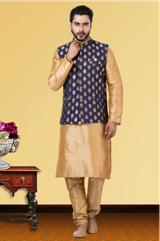 Cream Pretty Dhupion Raw Silk Fabric Sangeet Wear Readymade Men Kurta Pyjama With Jacket