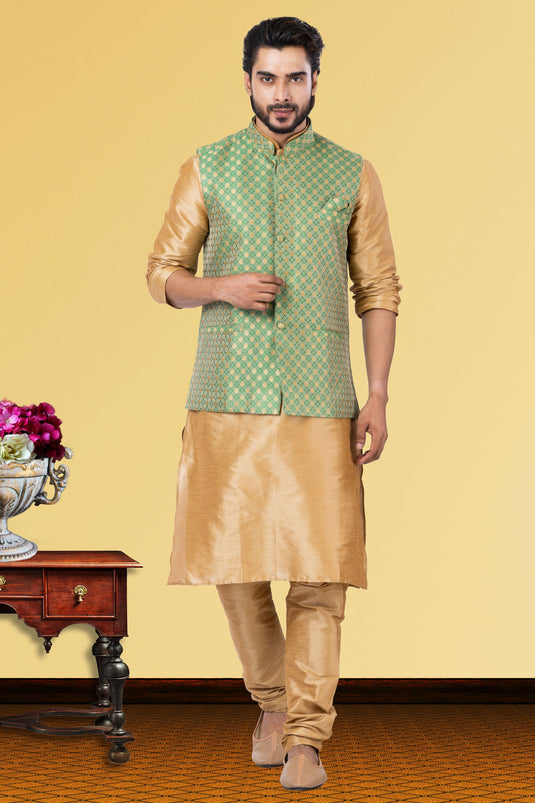 Dhupion Raw Silk Cream Function Wear Readymade Glamorous Kurta Pyjama For Men With Jacket