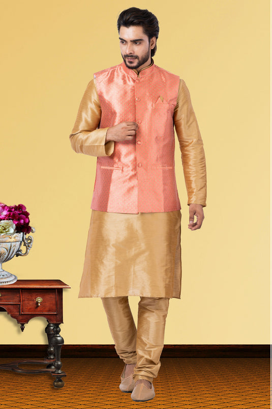 Cream Dhupion Raw Silk Fabric Festive Wear Readymade Kurta Pyjama For Men With Jacket