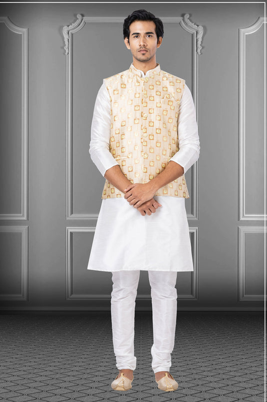 White Dhupion Raw Silk Fabric Sangeet Wear Readymade Kurta Pyjama For Men With Jacket