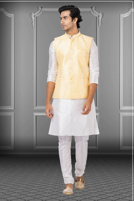 White Stunning Dhupion Raw Silk Fabric Function Wear Readymade Kurta Pyjama For Men With Jacket