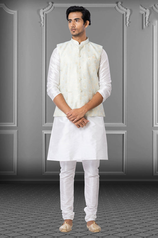 White Beautiful Dhupion Raw Silk Fabric Wedding Wear Readymade Kurta Pyjama For Men With Jacket