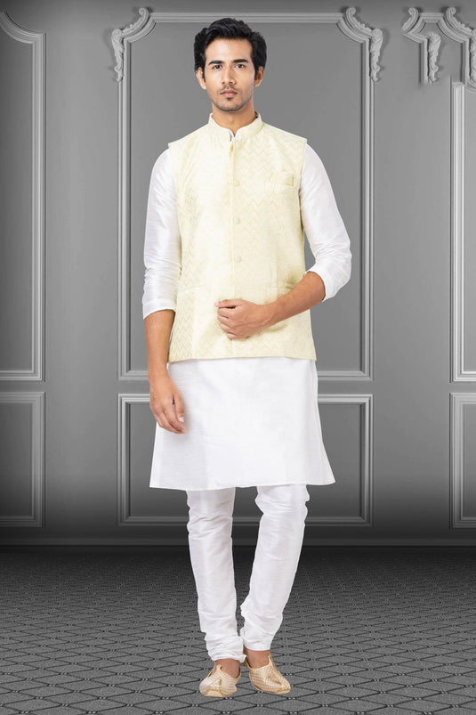 Dhupion Raw Silk Fabric Wedding Wear Readymade Pretty White Kurta Pyjama For Men With 3 Pcs Jacket Set