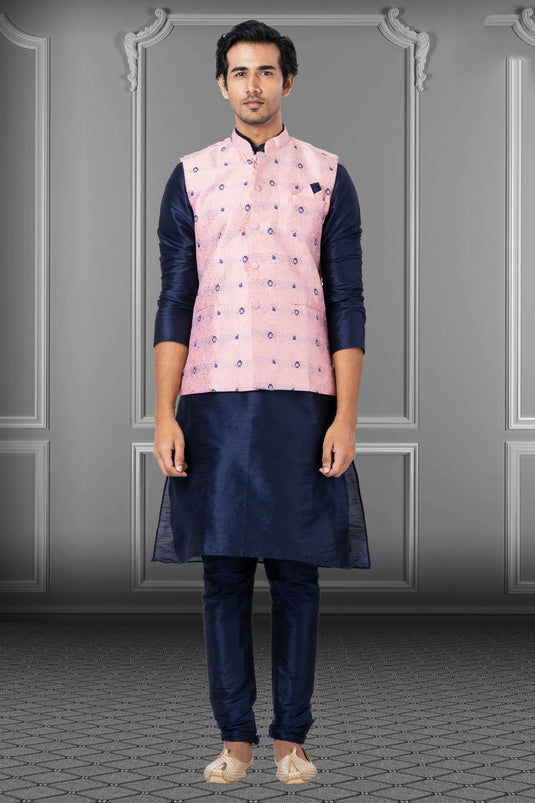 Navy Blue Dhupion Raw Silk Fabric Readymade Men Kurta Pyjama With Jacket Set