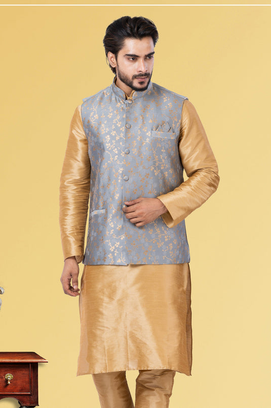 Jacquard Silk Grey Sangeet Wear Readymade Jacket For Men