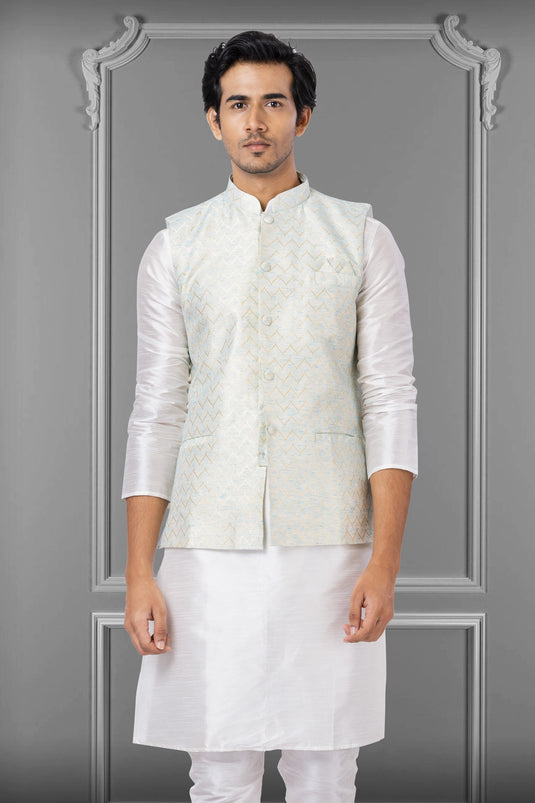 White Engaging Linen Silk Fabric Festive Wear Readymade Jacket For Men