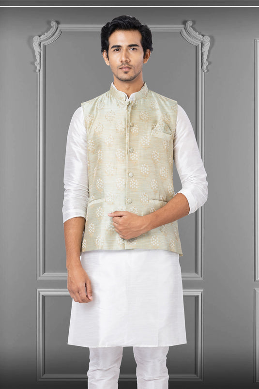 Beige Sangeet Wear Readymade Lovely Jacquard Silk Fabric Jacket For Men