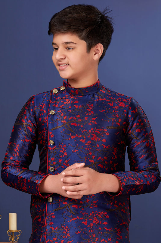 Occasion Wear Art Silk Fabric Navy Blue Color Trendy Readymade Indo Western For Boys