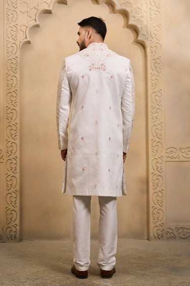 Silk Embroidered Off White Readymade Groom Sherwani For Men