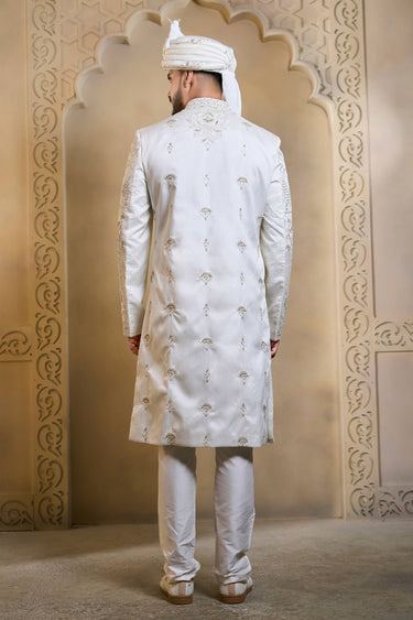 Embroidered Silk White Men Readymade Groom Sherwani