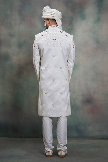 Embroidered White Men Readymade Groom Sherwani