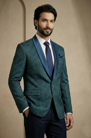 Teal Party Wear Jacquard Fabric Readymade Designer Blazer For Men