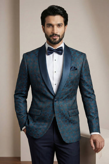 Cyan Party Wear Jacquard Fabric Readymade Designer Blazer For Men